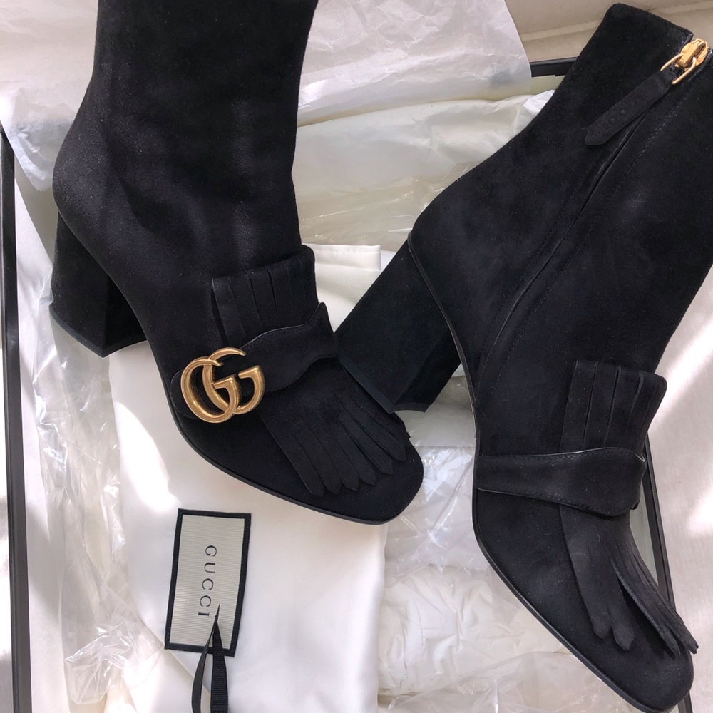 Gucci Black Suede Fringe Ankle Boots with Gold GG Hardware